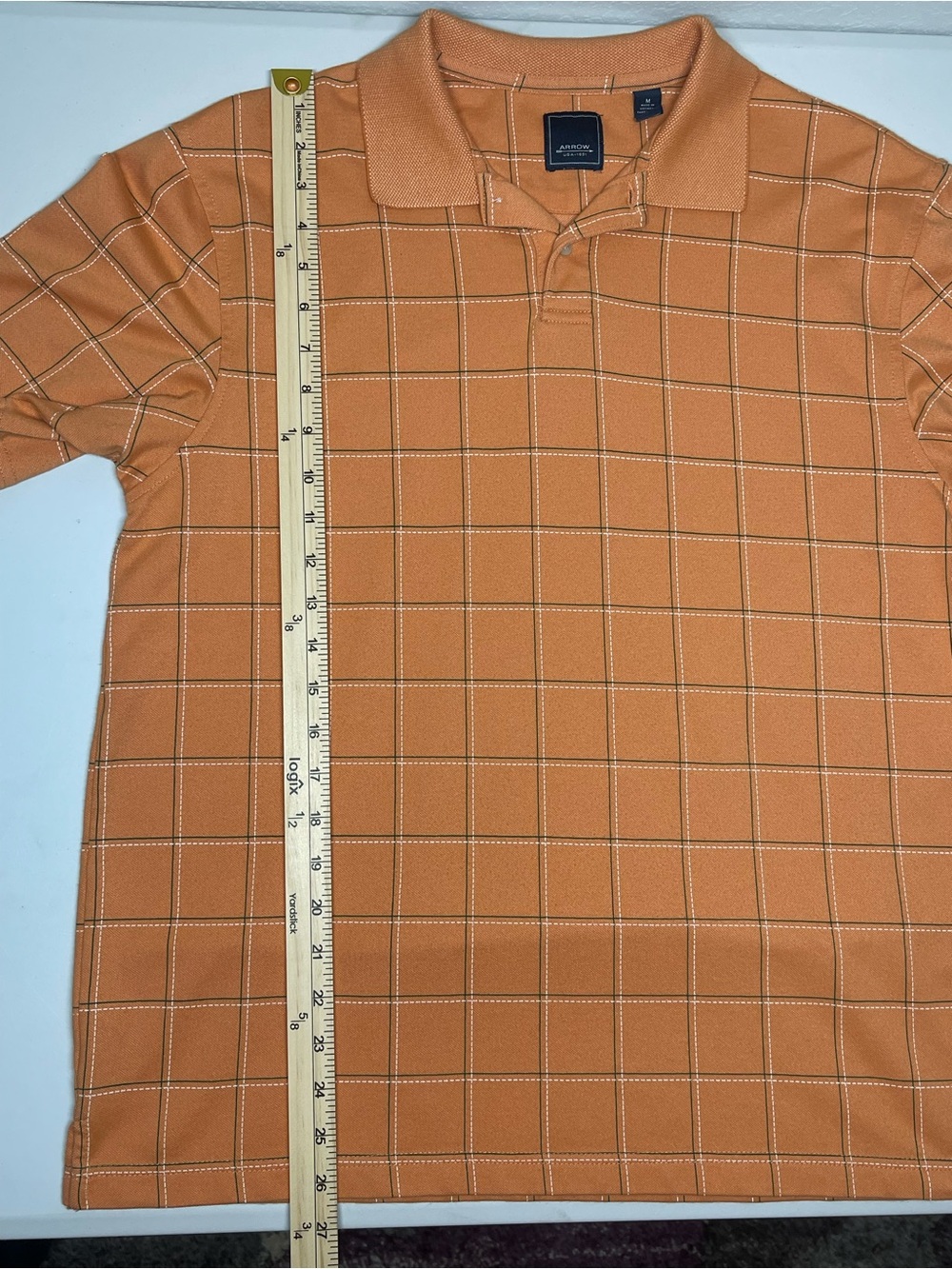 Arrow Mens Medium Polo Shirt Orange Grid Windowpane Plaid Short Sleeve Casual - Picture 7 of 8